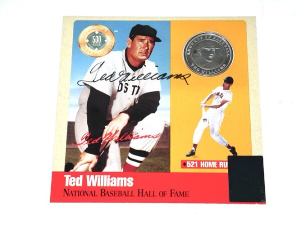 Ted Williams Autographed Signed Red Sox Hall Of Fame Cooperstown Photo Card with Pure Silver Proof Coin