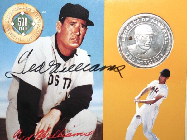 Ted Williams Autographed Signed Red Sox Hall Of Fame Cooperstown Photo Card with Pure Silver Proof Coin