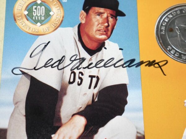 Ted Williams Autographed Signed Red Sox Hall Of Fame Cooperstown Photo Card with Pure Silver Proof Coin