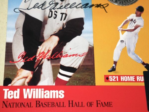Ted Williams Autographed Signed Red Sox Hall Of Fame Cooperstown Photo Card with Pure Silver Proof Coin