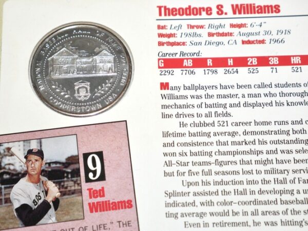 Ted Williams Autographed Signed Red Sox Hall Of Fame Cooperstown Photo Card with Pure Silver Proof Coin