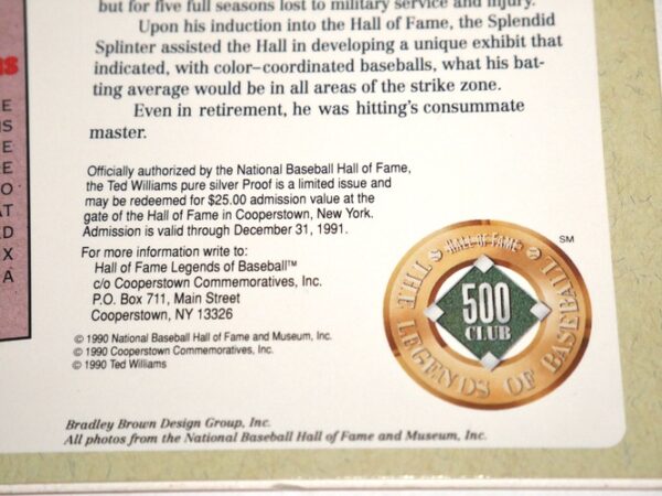 Ted Williams Autographed Signed Red Sox Hall Of Fame Cooperstown Photo Card with Pure Silver Proof Coin