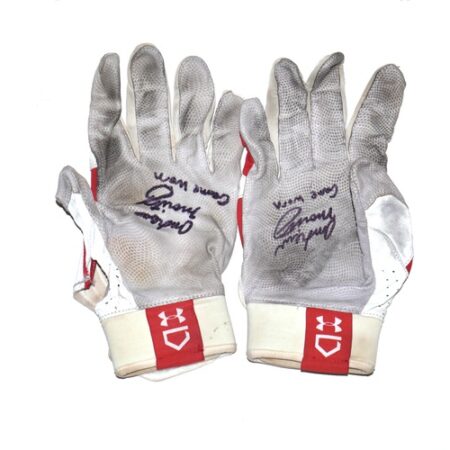 Andrew Moritz 2023 Mississippi Braves Game Worn & Signed White & Red Under Armour Batting Gloves