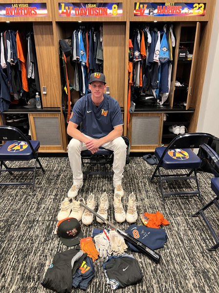 Logan Davidson with 2024 Las Vegas Aviators Game Worn & Signed Franklin Sports MLB Stars and Stripes Sliding Mitt