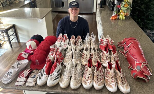 Logan O’Hoppe with 2024 Los Angeles Angels #14 Training Worn & Signed Adidas Adiprene Shoes