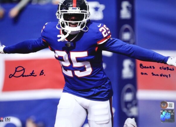 Deonte Banks Signed Autographed New York Giants 11 x 14 Photo with Banks Closed on Sundays Inscription - Beckett Witnessed