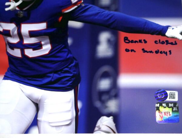 Deonte Banks Signed Autographed New York Giants 11 x 14 Photo with Banks Closed on Sundays Inscription - Beckett Witnessed