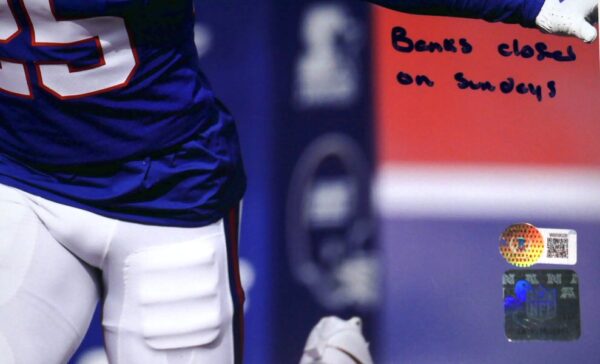 Deonte Banks Signed Autographed New York Giants 11 x 14 Photo with Banks Closed on Sundays Inscription - Beckett Witnessed1