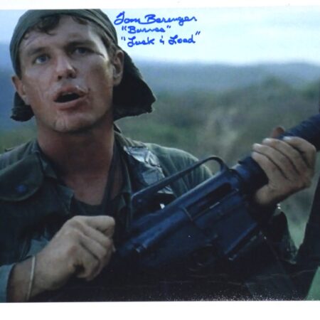 Tom Berenger Autographed Signed Staff Sergeant Bob Barnes Platoon 11x14 Photo with Barnes & Lock & Load Inscriptions - JSA Hologram