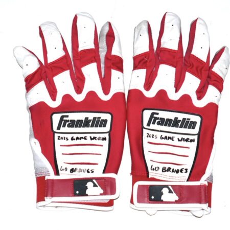 Cade Bunnell 2025 Columbus Clingstones Game Worn & Signed "GO BRAVES" White, Red & Grey Franklin Batting Gloves
