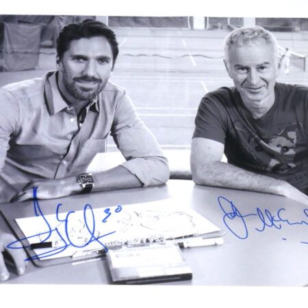 New York Rangers Hall of Famer Henrik Lundqvist & Tennis Legend John McEnroe Signed Posing 11 x 14 Photo - Steiner