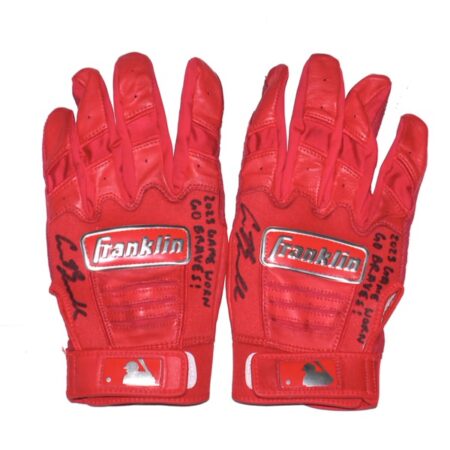 Cade Bunnell 2025 Columbus Clingstones Game Worn & Signed GO BRAVES! Red Franklin Batting Gloves