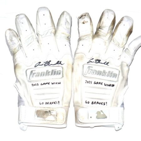 Cade Bunnell 2025 Gwinnett Stripers Game Worn & Signed GO BRAVES! White & Grey Franklin Batting Gloves