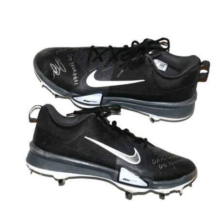 Indigo Diaz 2025 Somerset Patriots Game Worn & Signed GO YANKEES! Black & Silver Nike Trout Baseball Cleats
