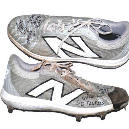 Indigo Diaz 2025 Somerset Patriots Game Worn & Signed GO YANKEES! Grey & White New Balance FuelCell Baseball Cleats