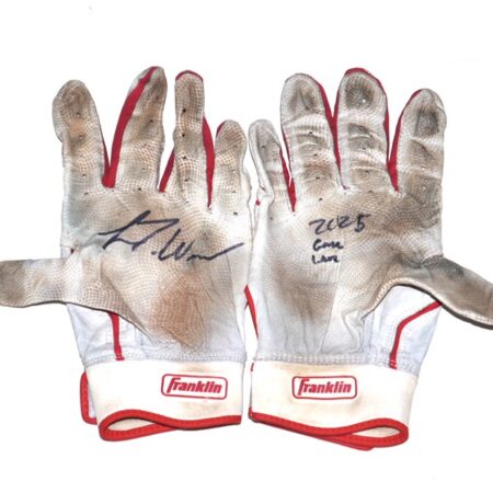 Luke Waddell 2025 Gwinnett Stripers Game Worn & Signed White & Red Franklin Batting Gloves