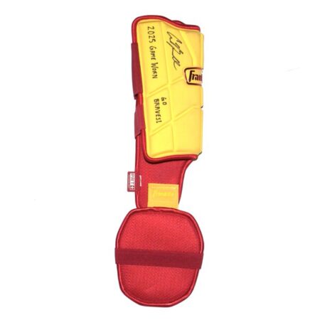 Cade Bunnell 2025 Columbus Clingstones Game Worn & Signed GO BRAVES! Yellow and Red Franklin PRT Leg Guard