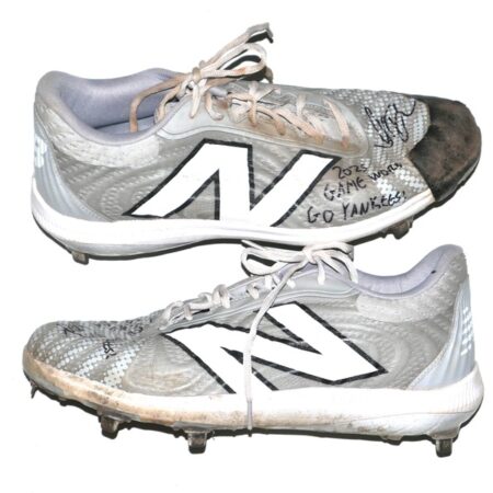Indigo Diaz 2025 Somerset Patriots Game Worn & Signed GO YANKEES! Grey & White New Balance FuelCell Baseball Cleats
