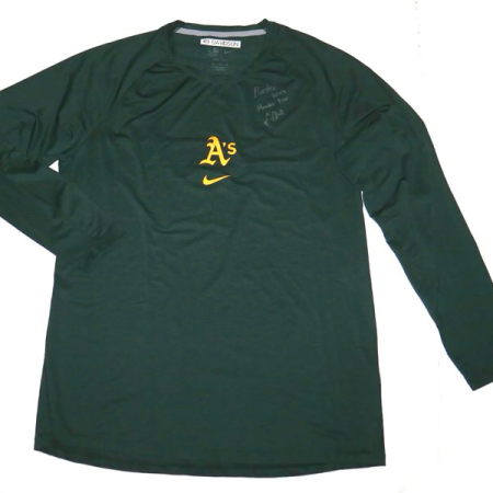Logan Davidson 2025 Practice Worn & Signed Official Green Oakland Athletics "49 DAVIDSON" Nike Dri-Fit XL Shirt - Worn Rookie Year!