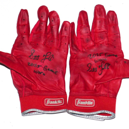 Stuart Fairchild 2025 Atlanta Braves Game Worn & Signed Red Franklin Powerstrap Batting Gloves