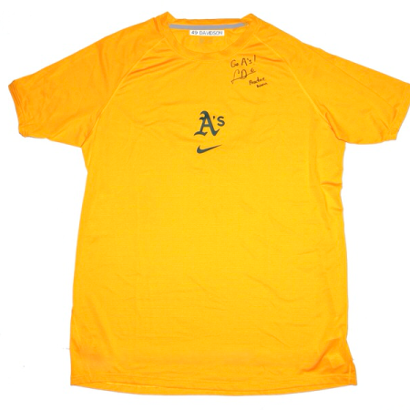 Logan Davidson 2025 Practice Worn & Signed Official Gold Oakland Athletics "49 DAVIDSON" Nike Dri-Fit Shirt