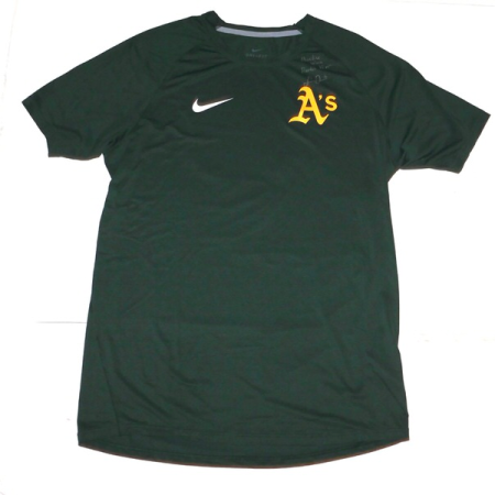 Logan Davidson 2025 Practice Worn & Signed Official Green Oakland Athletics Nike Dri-Fit XL Shirt - Worn Rookie Year!