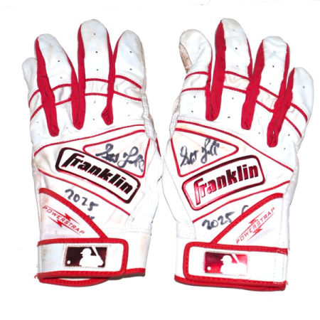 Stuart Fairchild 2025 Cincinnati Reds Game Worn & Signed White & Red Franklin Powerstrap Batting Gloves