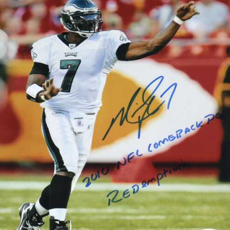 1 of 27 Michael Vick Autographed Signed Philadelphia Eagles Throw 11 x 14 with "2010 NFL COMEBACK POY" and "REDEMPTION" Inscriptions - JSA Witnessed