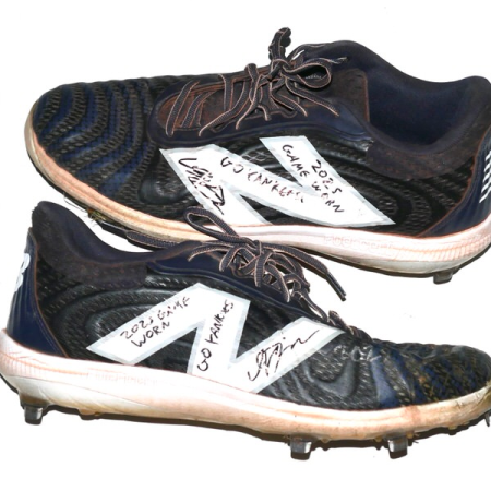 Indigo Diaz 2025 Somerset Patriots Game Worn & Signed GO YANKEES! Blue & White New Balance FuelCell Baseball Cleats