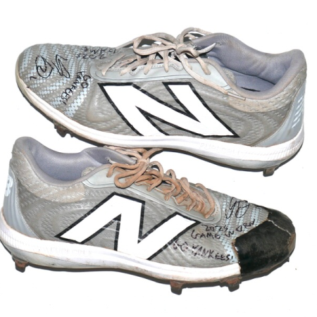 Indigo Diaz 2025 Somerset Patriots Game Worn & Signed GO YANKEES! Grey & White New Balance FuelCell Baseball Cleats