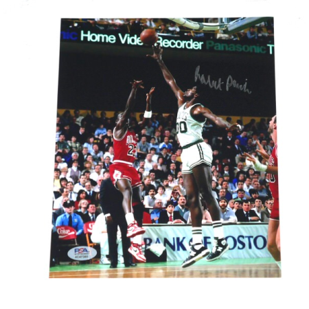 Robert Parish Autographed Boston Celtics 8x10 Photo Defending Michael Jordan PSA Witnessed