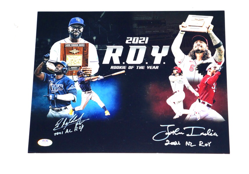 Randy Arozarena & Jonathan India Signed Rookie of the Year 11x14 Photo With 2021 AL ROY & 2021 NL ROY Inscriptions (PSA)