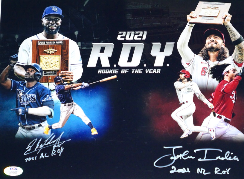 Randy Arozarena & Jonathan India Signed Rookie of the Year 11x14 Photo With 2021 AL ROY & 2021 NL ROY Inscriptions (PSA)