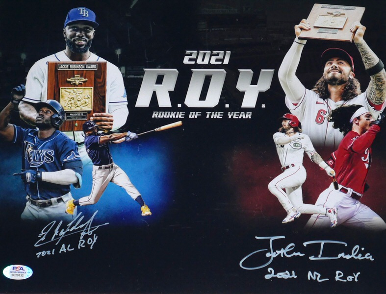 Randy Arozarena & Jonathan India Signed Rookie of the Year 11x14 Photo With 2021 AL ROY & 2021 NL ROY Inscriptions (PSA)