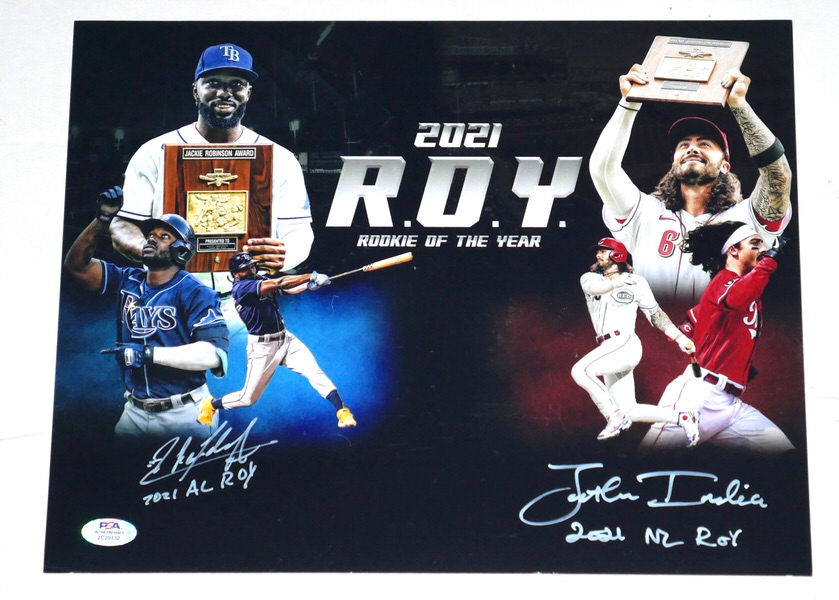 Randy Arozarena & Jonathan India Signed Rookie of the Year 11x14 Photo With 2021 AL ROY & 2021 NL ROY Inscriptions (PSA)