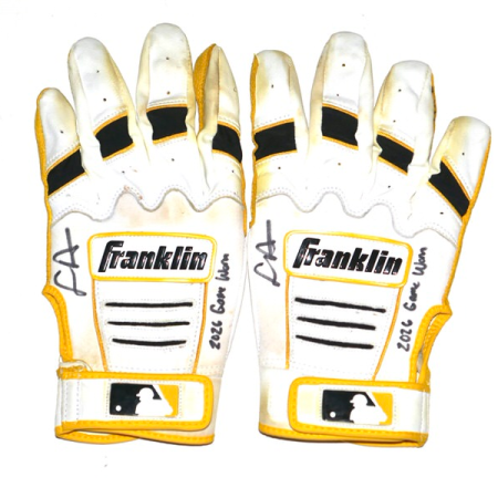 Logan Davidson 2026 Durham Bulls Game Worn & Signed White & Yellow Franklin Batting Gloves