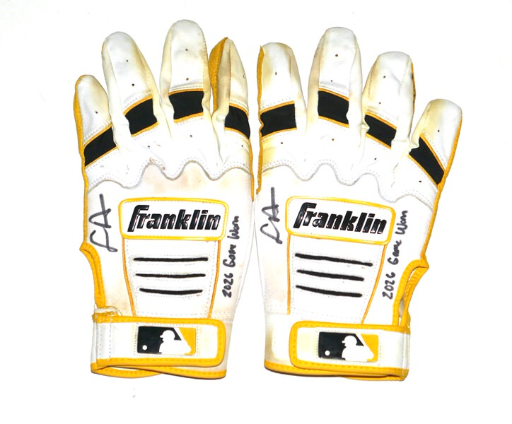 Logan Davidson 2026 Durham Bulls Game Worn & Signed White & Yellow Franklin Batting Gloves