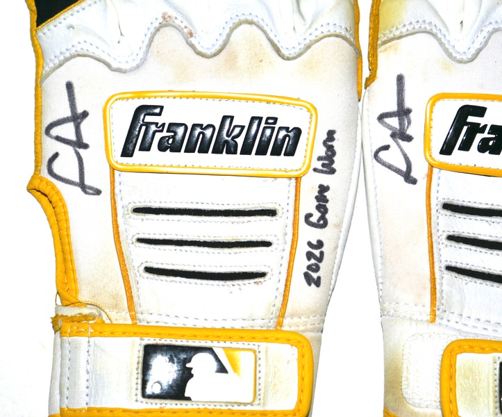 Logan Davidson 2026 Durham Bulls Game Worn & Signed White & Yellow Franklin Batting Gloves