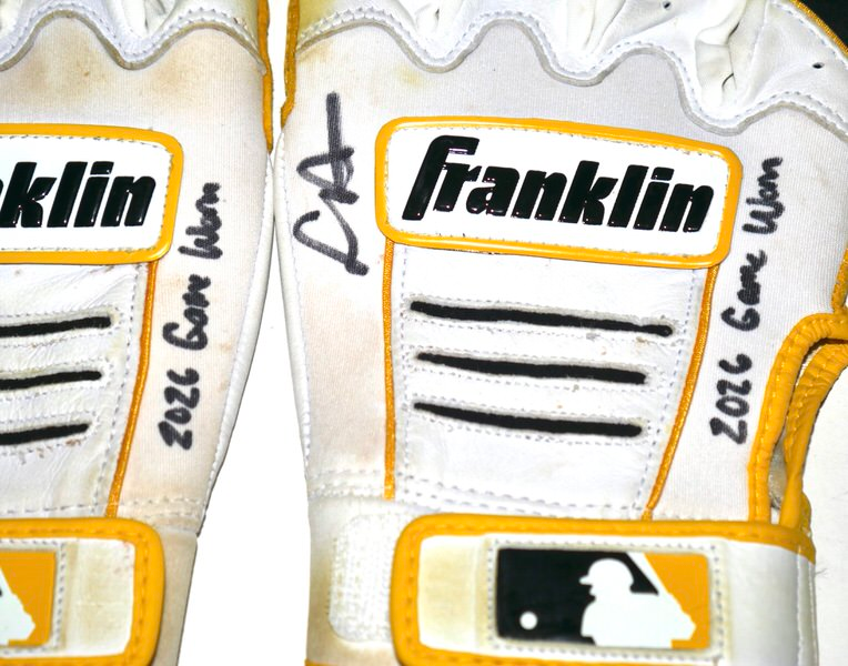 Logan Davidson 2026 Durham Bulls Game Worn & Signed White & Yellow Franklin Batting Gloves